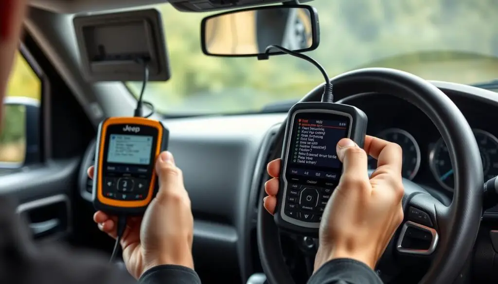 Person using OBD scanner to diagnose Jeep limp mode issues