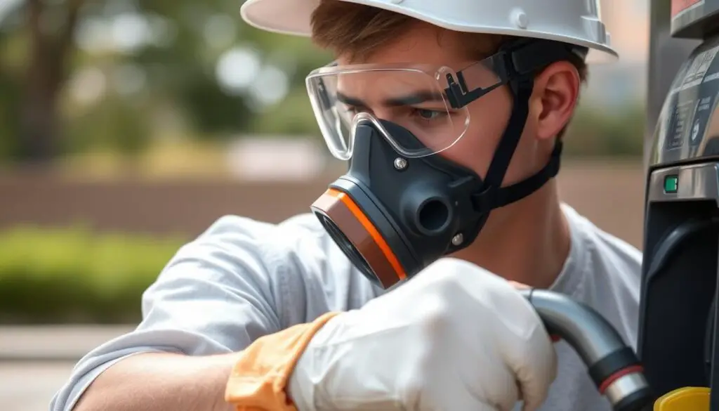 Person wearing protective mask and gloves while handling gasoline