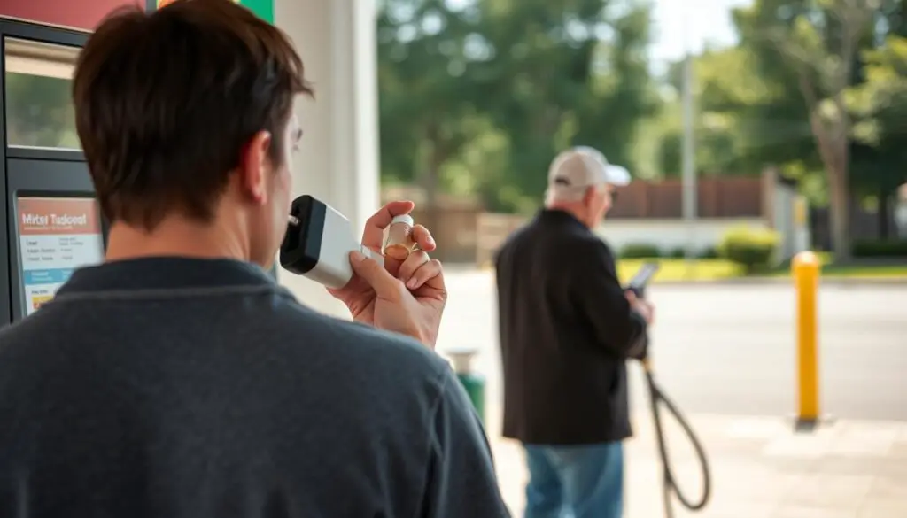 Person with asthma inhaler avoiding gasoline fumes