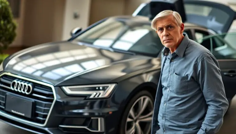 Person with frustrated expression looking at Audi vehicle with service issues