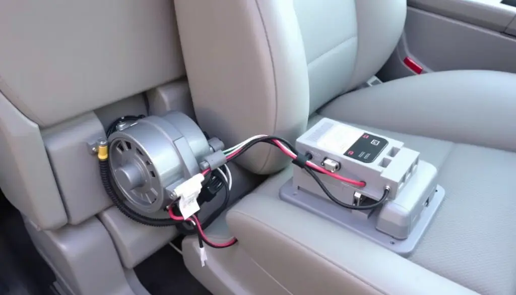 Power seat electrical components and motor that control seat movement back and forth