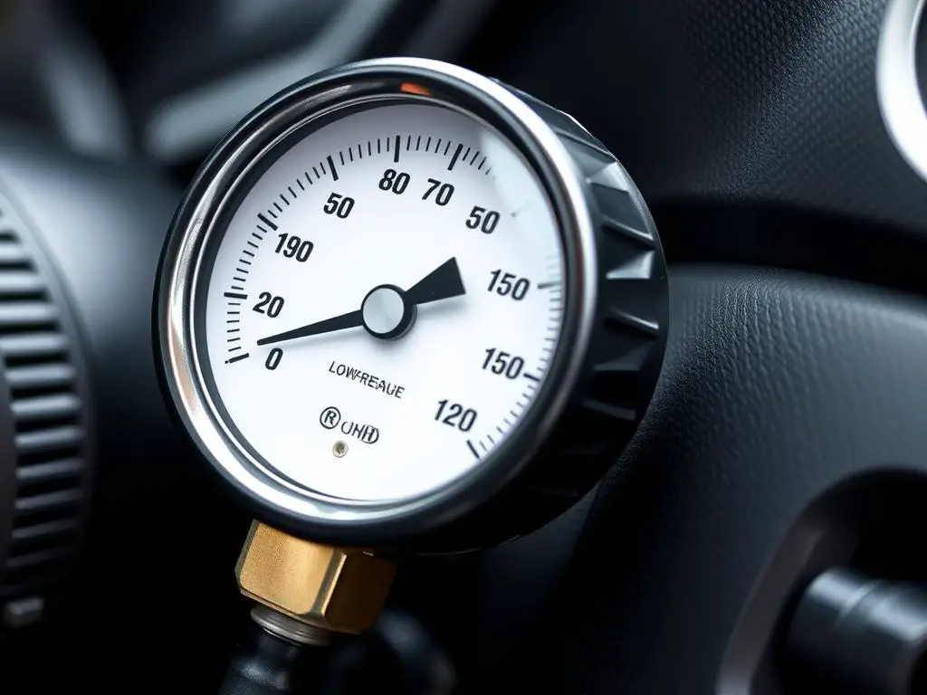 Pressure gauge connected to car AC low-pressure port showing reading
