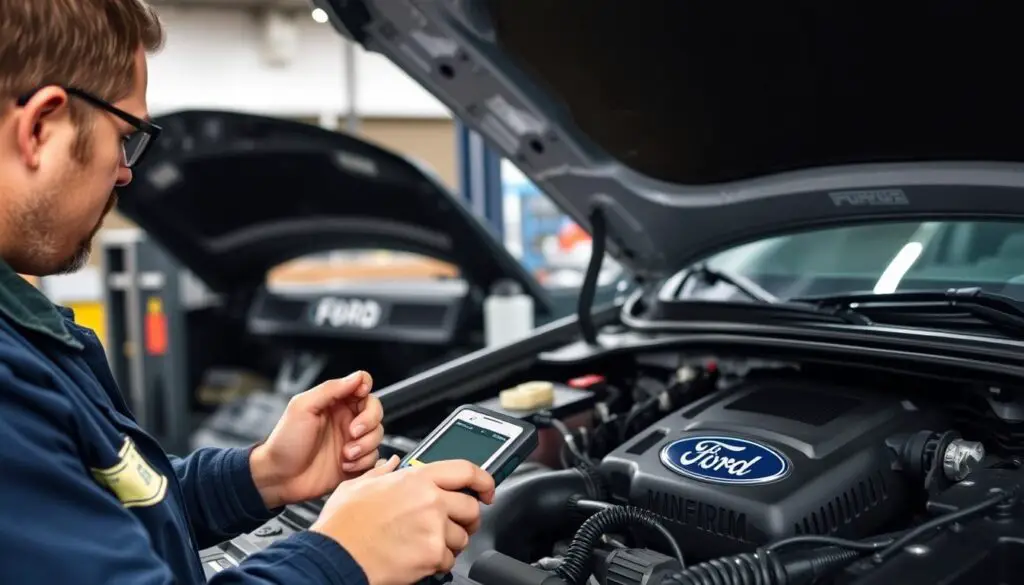 Professional Ford mechanic diagnosing starting issue