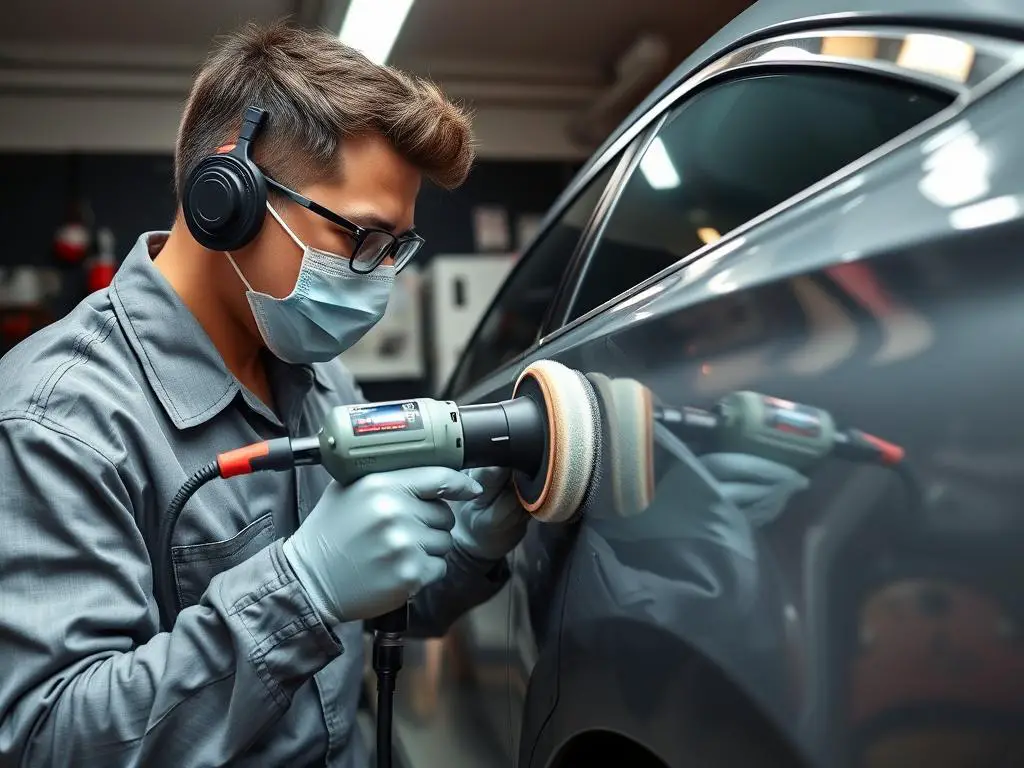 Professional detailer repairing gasoline damage car paint with specialized tools