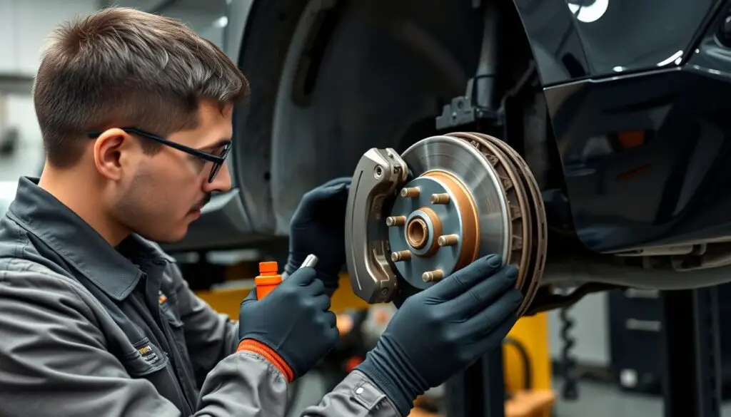 Professional mechanic performing comprehensive brake system inspection