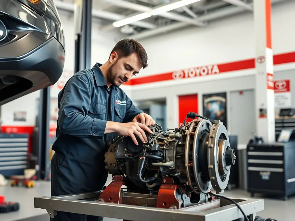 Professional mechanic repairing Toyota transmission