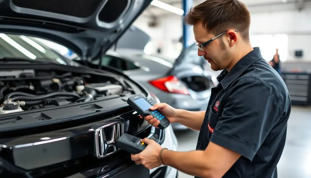 Professional mechanic working on Honda Civic diagnostic system Professional mechanic working on Honda Civic diagnostic system