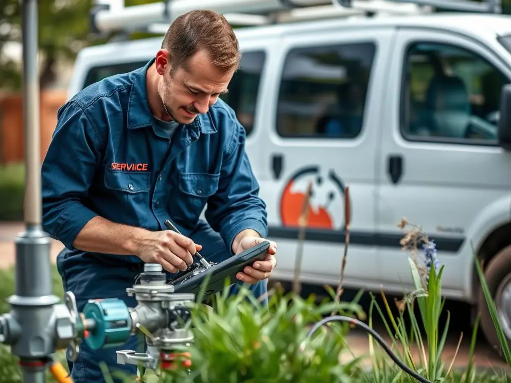 Professional technician repairing sprinkler system