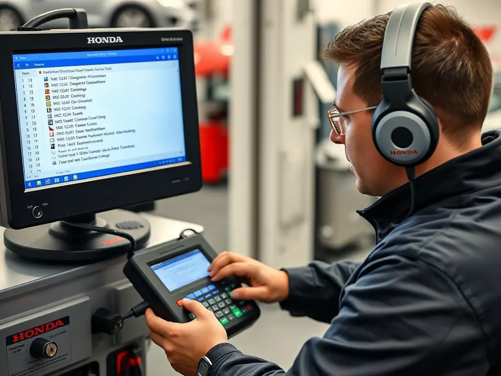 Professional technician using diagnostic equipment on Honda immobilizer system