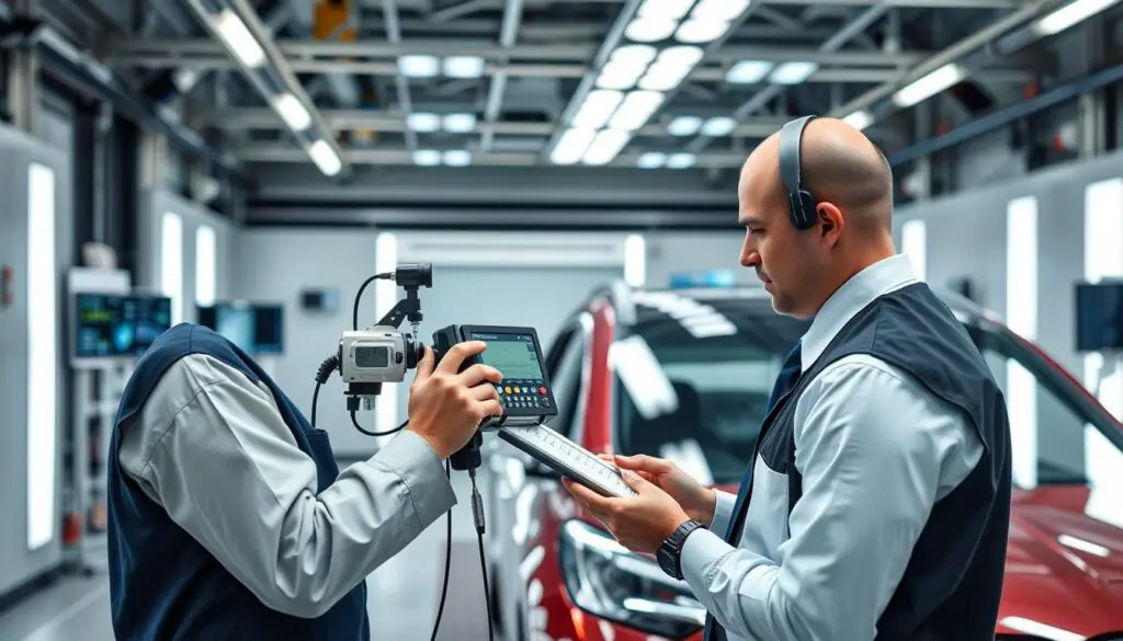 Quality control technician inspecting a finished vehicle Quality control technician inspecting a finished vehicle