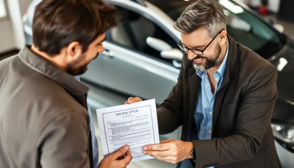 Seller and buyer discussing and completing paperwork for a salvage title car sale Seller and buyer discussing and completing paperwork for a salvage title car sale