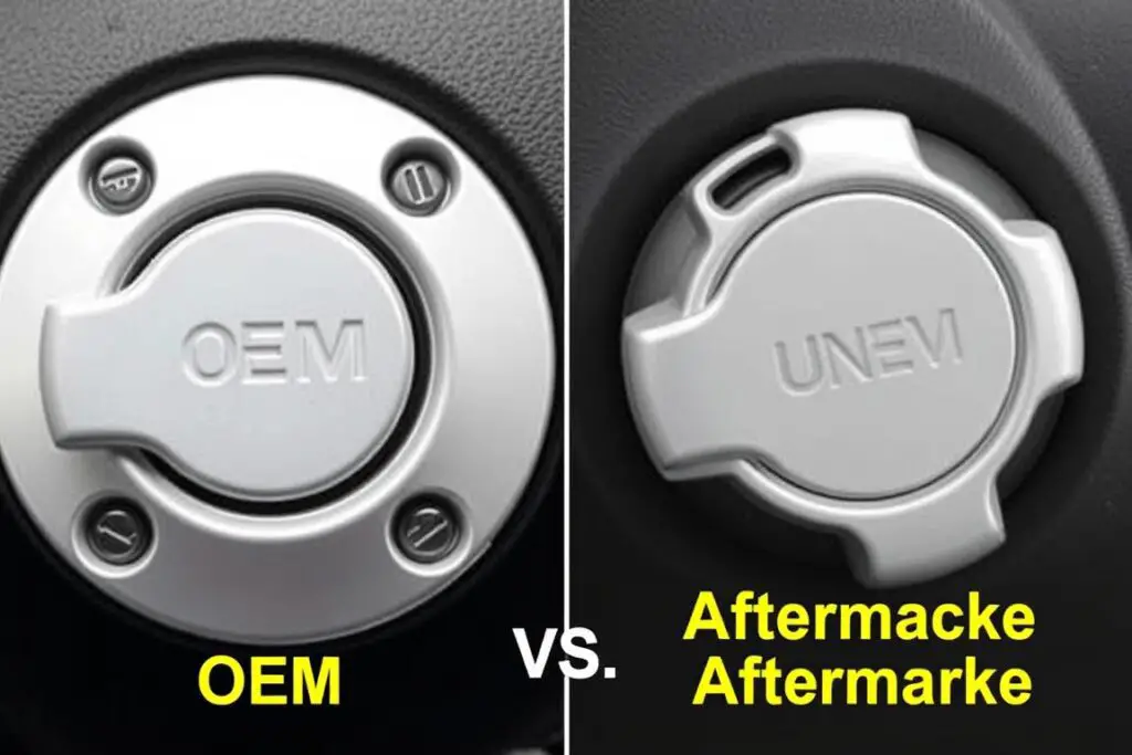 Side-by-side comparison of OEM and aftermarket gas caps showing differences