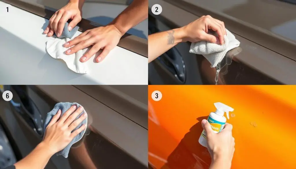 Step-by-step demonstration of cleaning gasoline from car paint to prevent damage