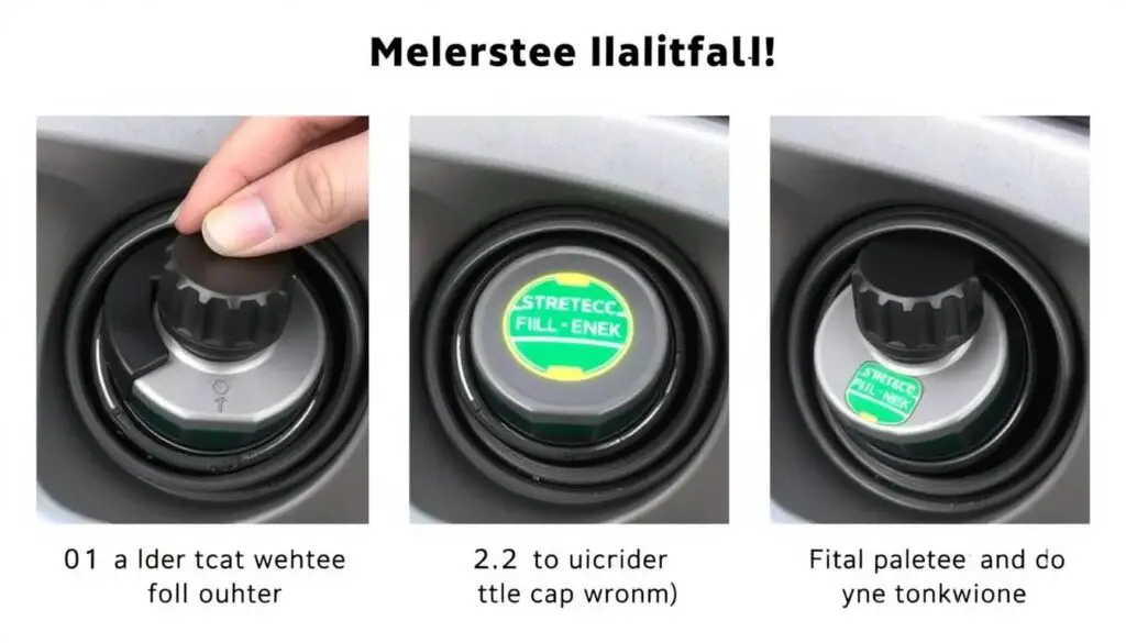 Step-by-step demonstration of proper gas cap installation showing correct alignment and tightening