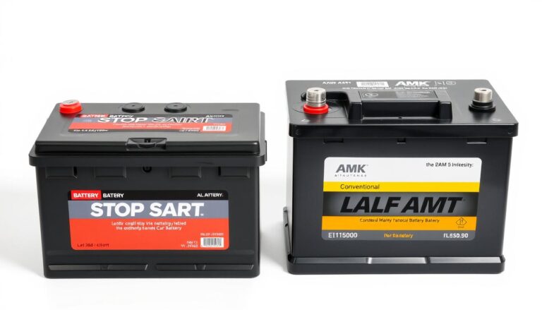 Stop-start battery next to a conventional car battery showing size comparison