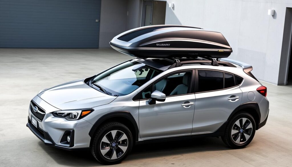 Subaru Crosstrek with roof cargo box showing expanded capacity