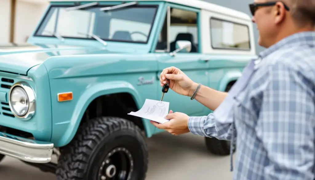 Successful Bring a Trailer bidder receiving keys to a classic Ford Bronco after winning an auction