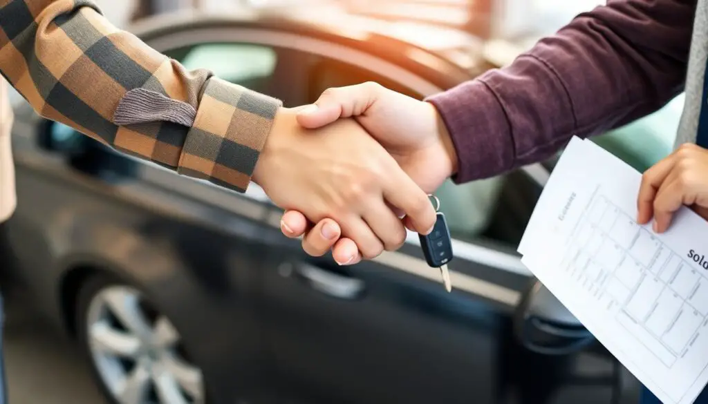 Successful handshake after completing a salvage title car sale with keys being handed over Successful handshake after completing a salvage title car sale with keys being handed over