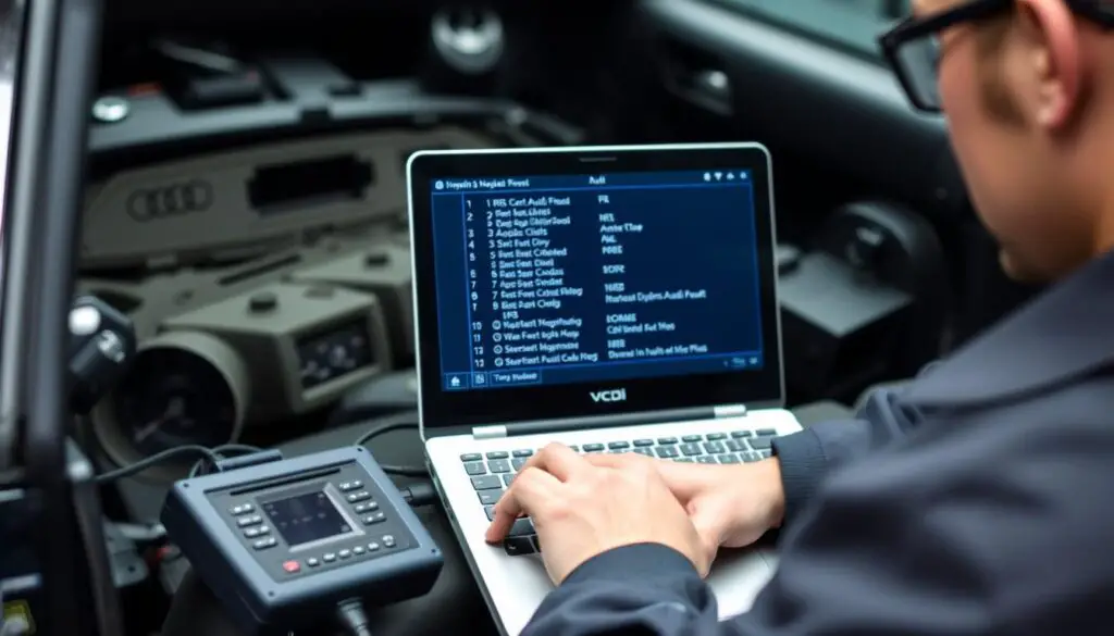 Technician using VCDS diagnostic tool on Audi vehicle Technician using VCDS diagnostic tool on Audi vehicle