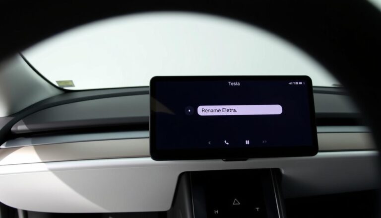 Tesla Model 3 dashboard showing the rename screen with the name 'Elektra'