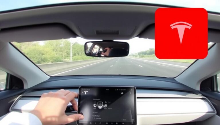 Tesla Model 3 dashcam recording while driving on a highway with dashcam icon visible on screen