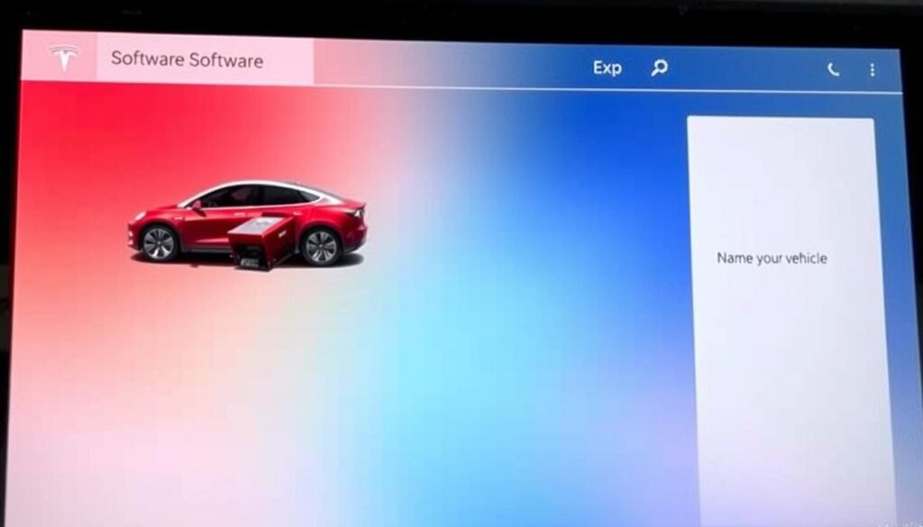 Tesla Software screen showing the vehicle image and name location