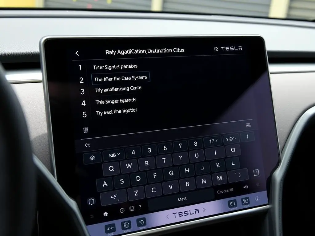 Tesla navigation destination entry screen showing address input and suggestions