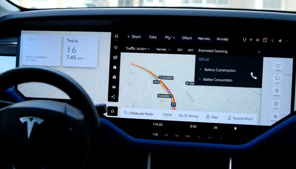Tesla navigation map showing route overview with traffic data and energy consumption