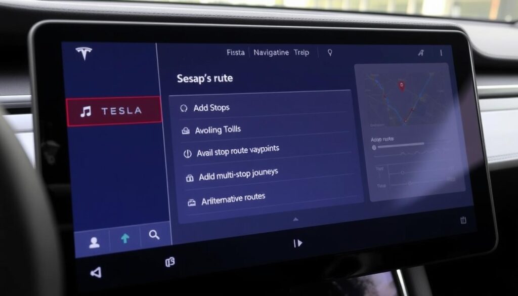 Tesla navigation screen showing route customization options and waypoints