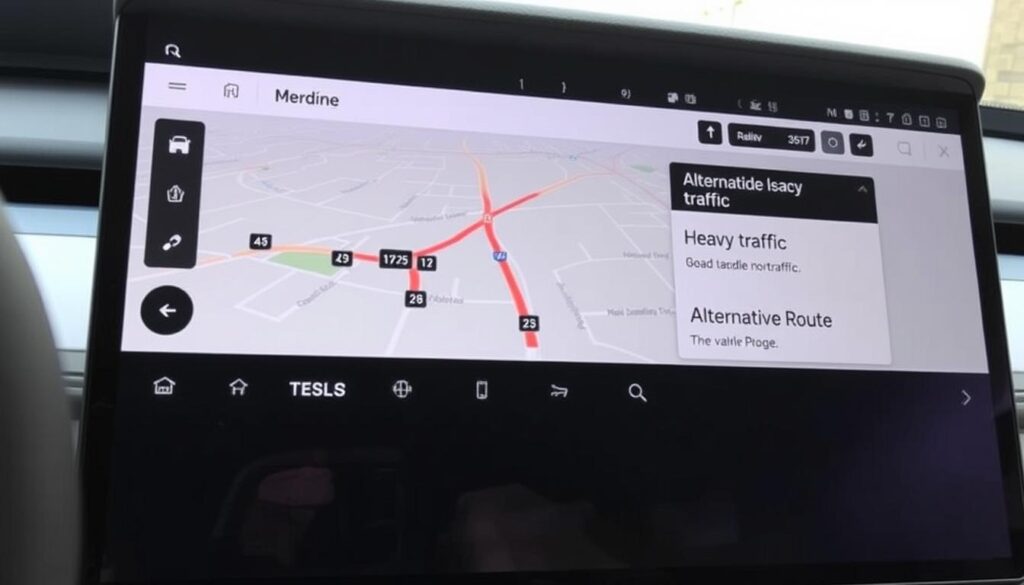 Tesla navigation showing live traffic conditions with congestion highlighted in red