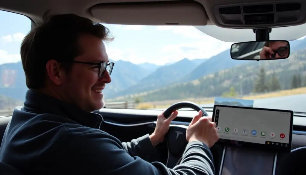 Tesla owner confidently using dashcam feature on a scenic drive