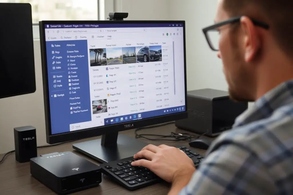 Tesla owner organizing dashcam footage on computer with external hard drive for backup