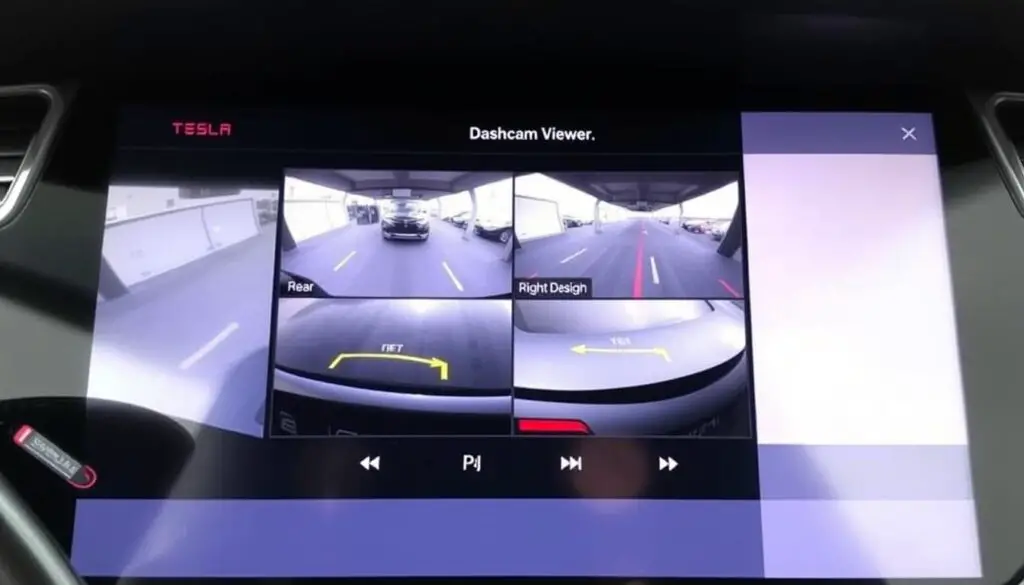 Tesla touchscreen showing dashcam footage playback interface with multiple camera views