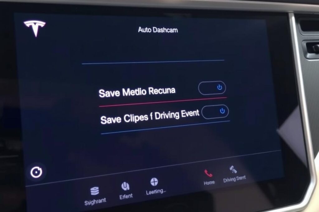 Tesla touchscreen showing dashcam settings menu with various options