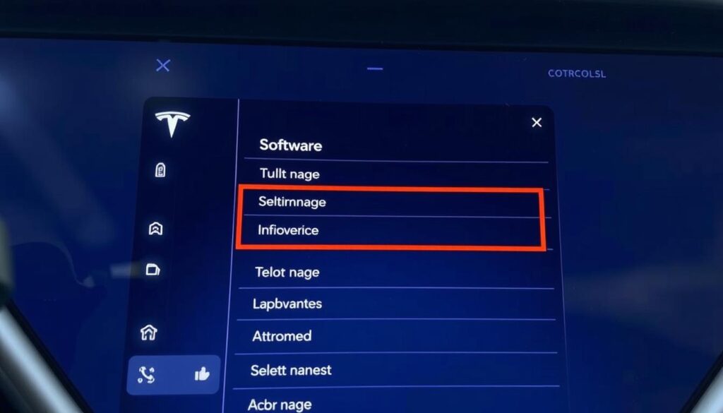 Tesla touchscreen showing the Software tab in the controls menu