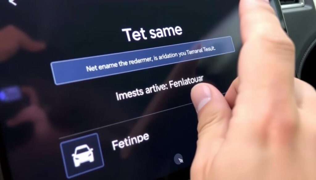 Tesla touchscreen showing the car icon in the bottom left corner