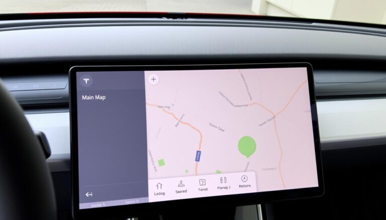 Tesla touchscreen showing the navigation search bar and map interface