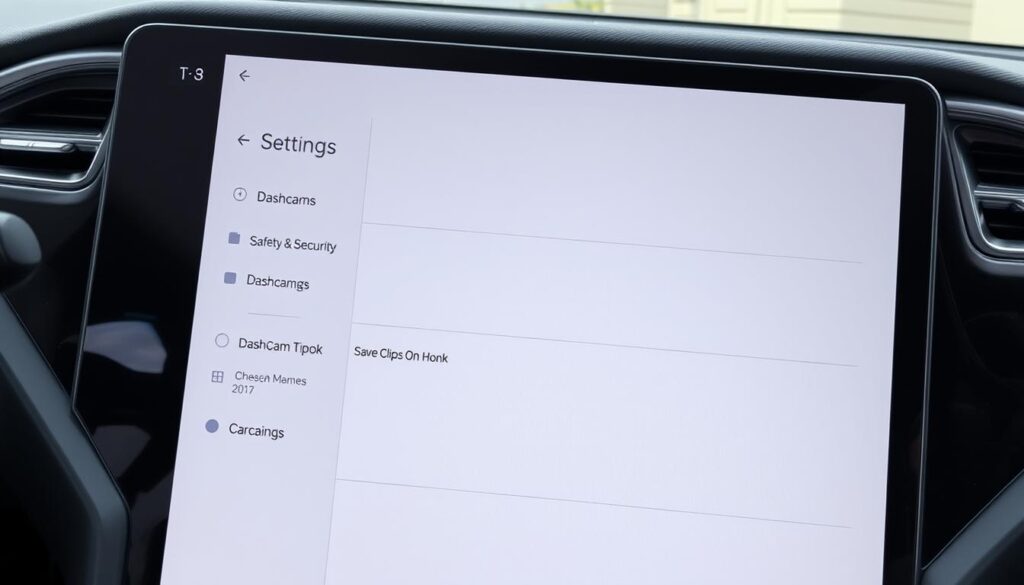 Tesla touchscreen showing the process of setting up dashcam in the Safety & Security menu