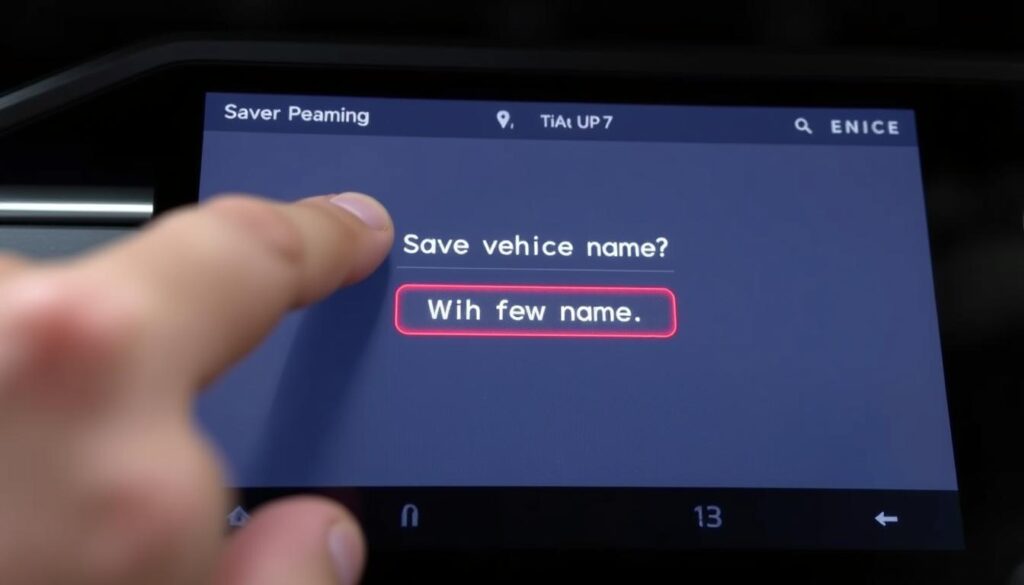 Tesla touchscreen showing the save button for the new vehicle name
