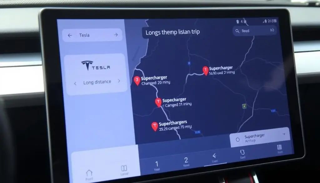 Tesla trip planner showing a long route with Supercharger stops and charging times