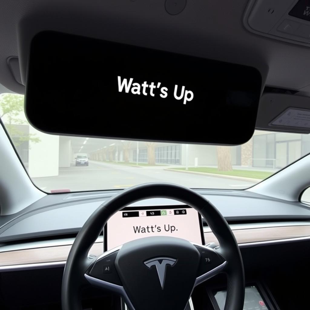 Tesla with a pun-based name like 'Watt's Up' on screen
