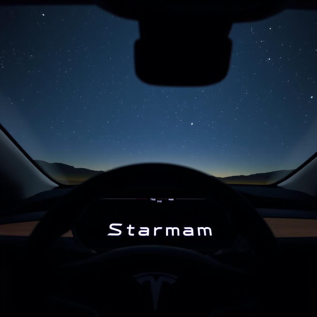 Tesla with a space-themed name displayed on screen