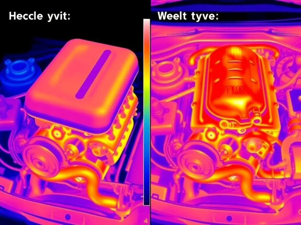 Thermal imaging of an engine with and without cover showing heat distribution