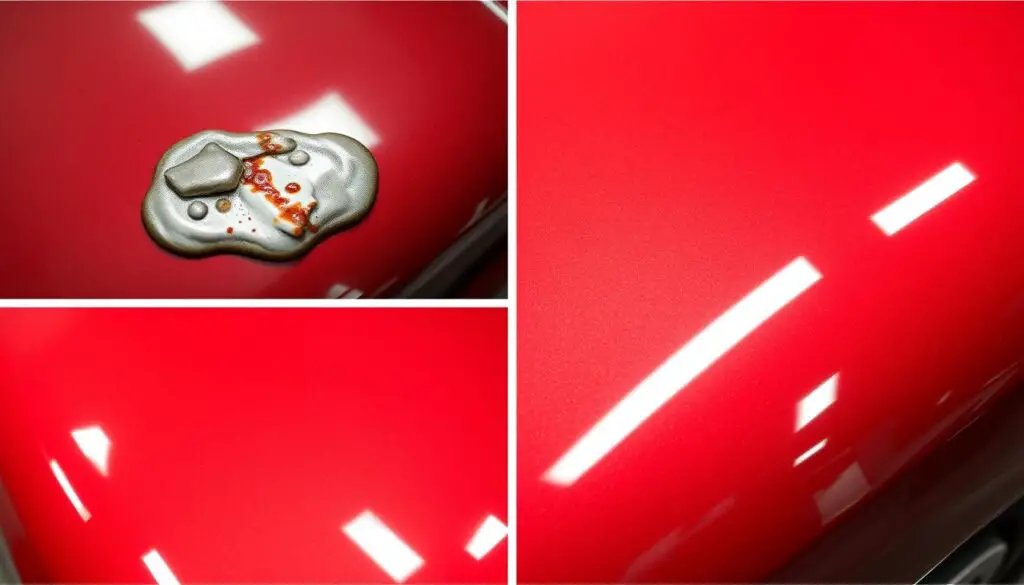 Timeline showing progression of gasoline damage car paint effects from initial contact to long-term damage