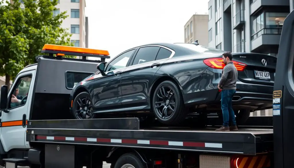 Tow truck loading a vehicle that may have fuel system issues