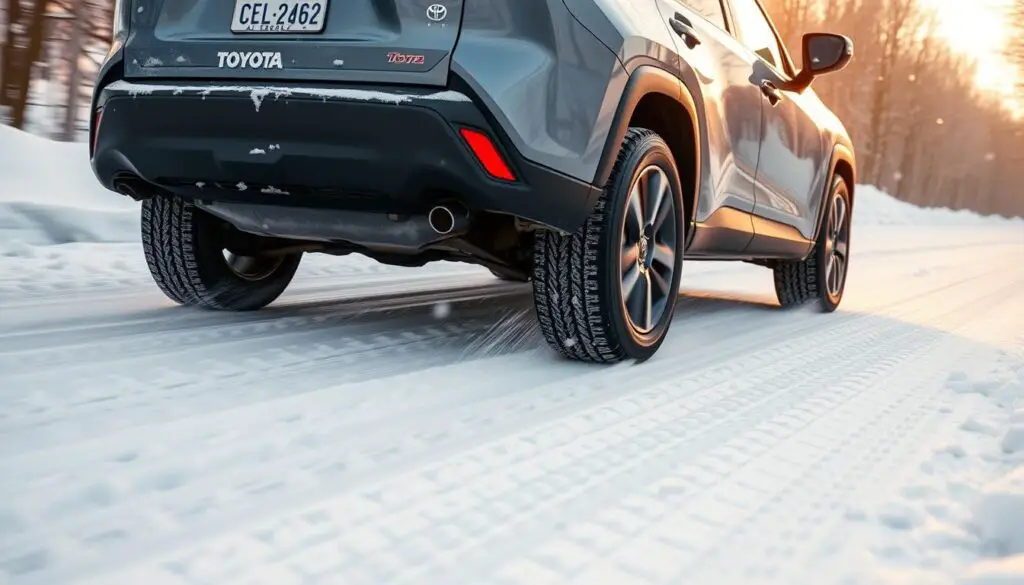 Toyo Celsius 2 tires on a vehicle driving through light snow Toyo Celsius 2 tires on a vehicle driving through light snow