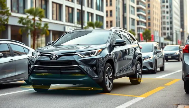 Toyota vehicle using parking assistance to parallel park on a busy urban street