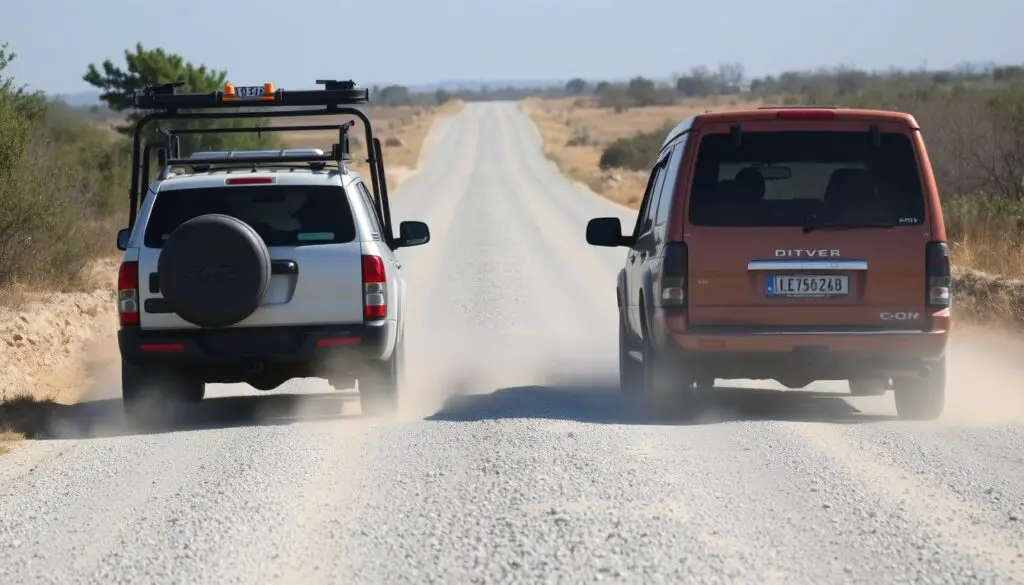 Two vehicles safely passing each other on a narrow gravel road demonstrating driving on gravel or dirt roads safety tips Two vehicles safely passing each other on a narrow gravel road demonstrating driving on gravel or dirt roads safety tips