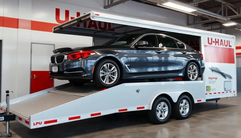 U-Haul auto transport trailer with a vehicle loaded on it showing weight limit considerations