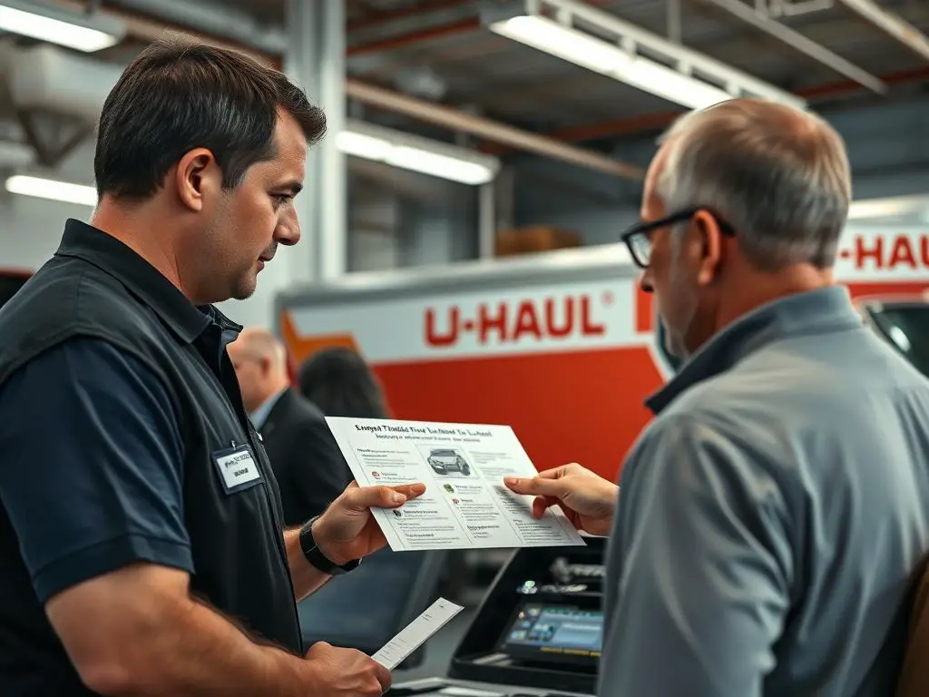 U-Haul customer service representative explaining auto transport weight limits to a customer